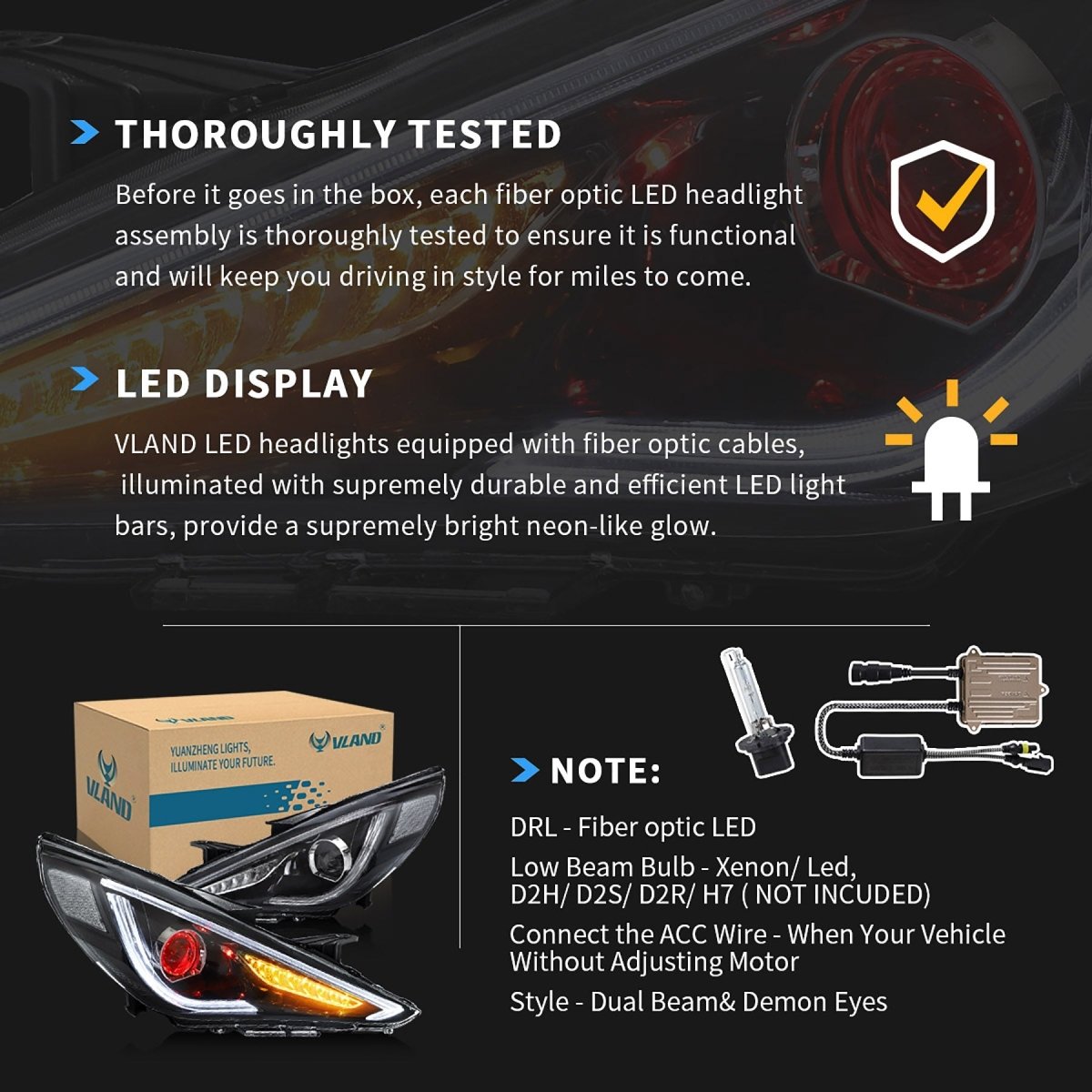 VLAND 11 - 14 Sonata Dual Beam Sequential Headlights ABS PMMA GLASS Material | Bulbs Not Included - JDMuscleHeadlightYAA-SNT-0171BHQ5-LHD-P01LHDDual Beam