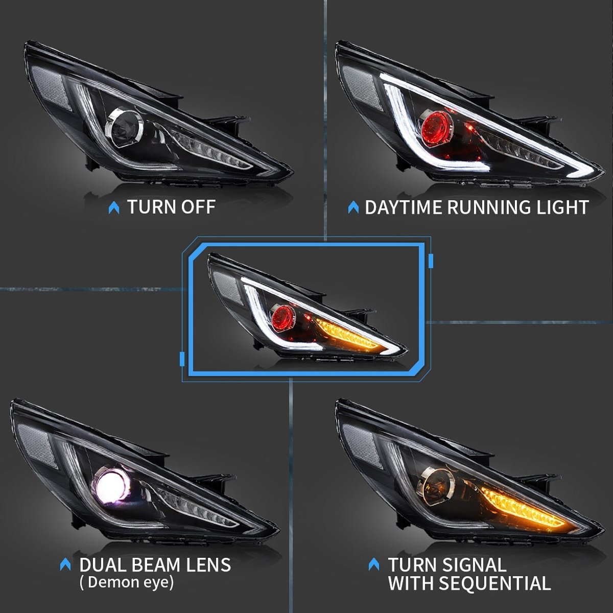 VLAND 11 - 14 Sonata Dual Beam Sequential Headlights ABS PMMA GLASS Material | Bulbs Not Included - JDMuscleHeadlightYAA-SNT-0171BHQ5-LHD-P01LHDDual Beam