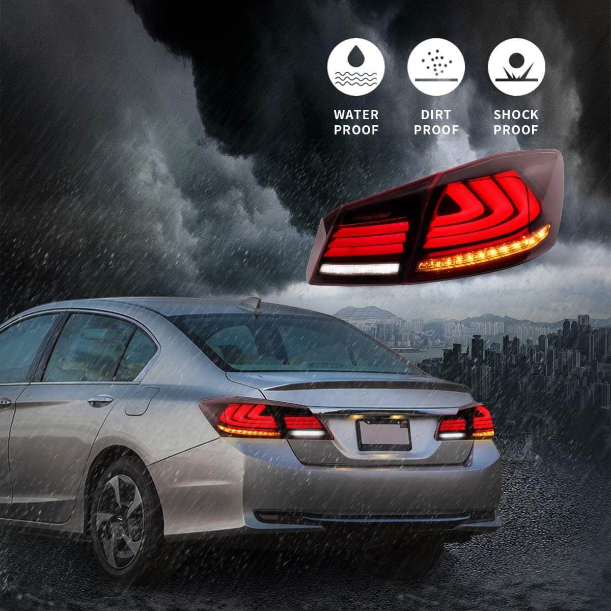 VLAND 13 - 15 Accord Full LED Sequential Tail Lights ABS PMMA GLASS Material - JDMuscleTaillightYAB-YG-0250AHRS-P01Red Smoked
