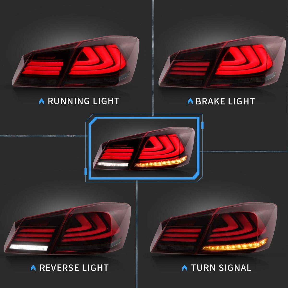 VLAND 13 - 15 Accord Full LED Sequential Tail Lights ABS PMMA GLASS Material - JDMuscleTaillightYAB-YG-0250AHRS-P01Red Smoked