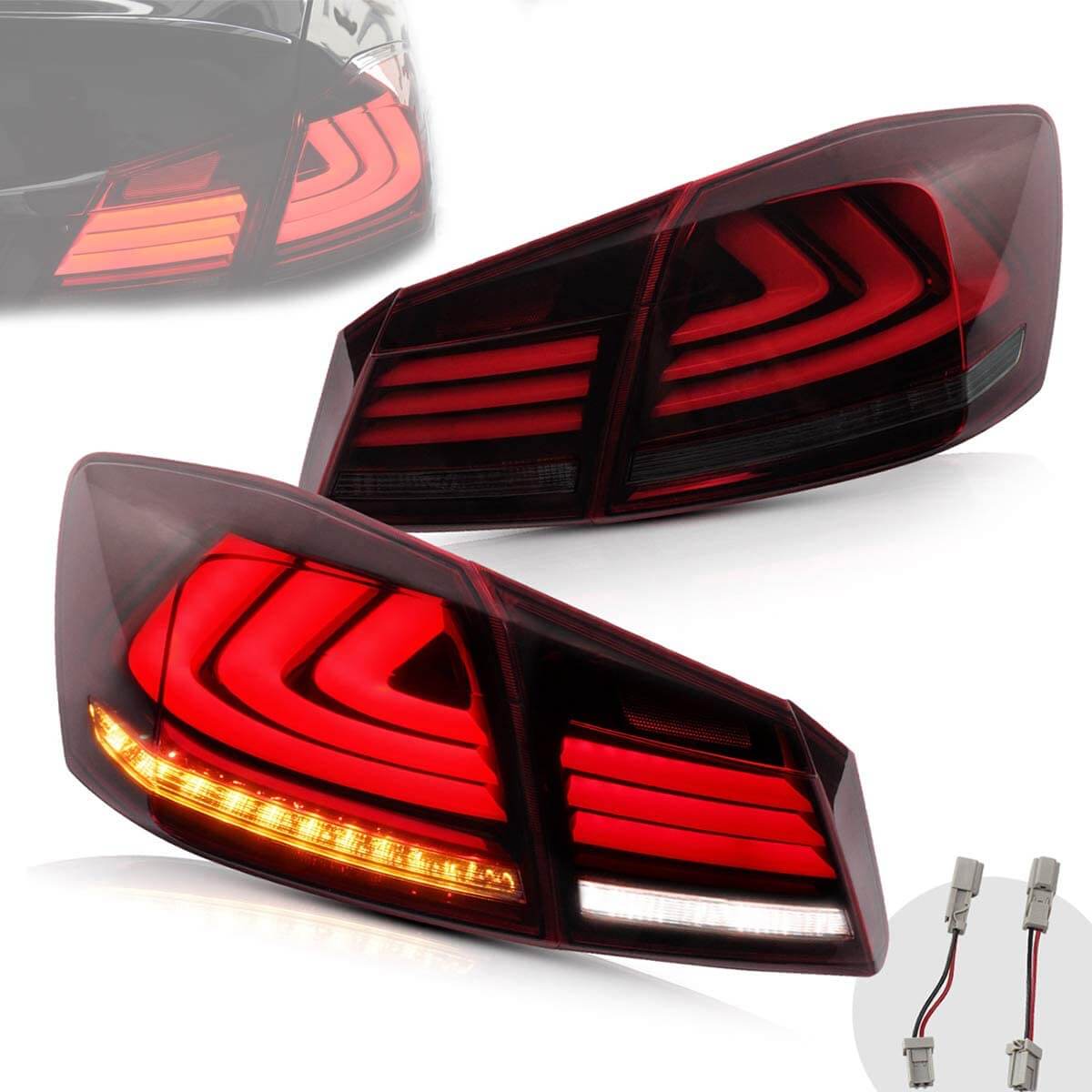 VLAND 13 - 15 Accord Full LED Sequential Tail Lights ABS PMMA GLASS Material - JDMuscleTaillightYAB-YG-0250AHRS-P01Red Smoked