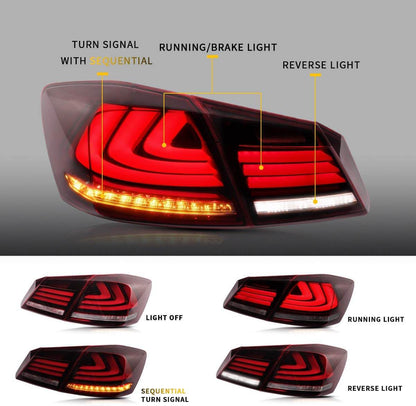 VLAND 13 - 15 Accord Full LED Sequential Tail Lights ABS PMMA GLASS Material - JDMuscleTaillightYAB-YG-0250AHRS-P01Red Smoked