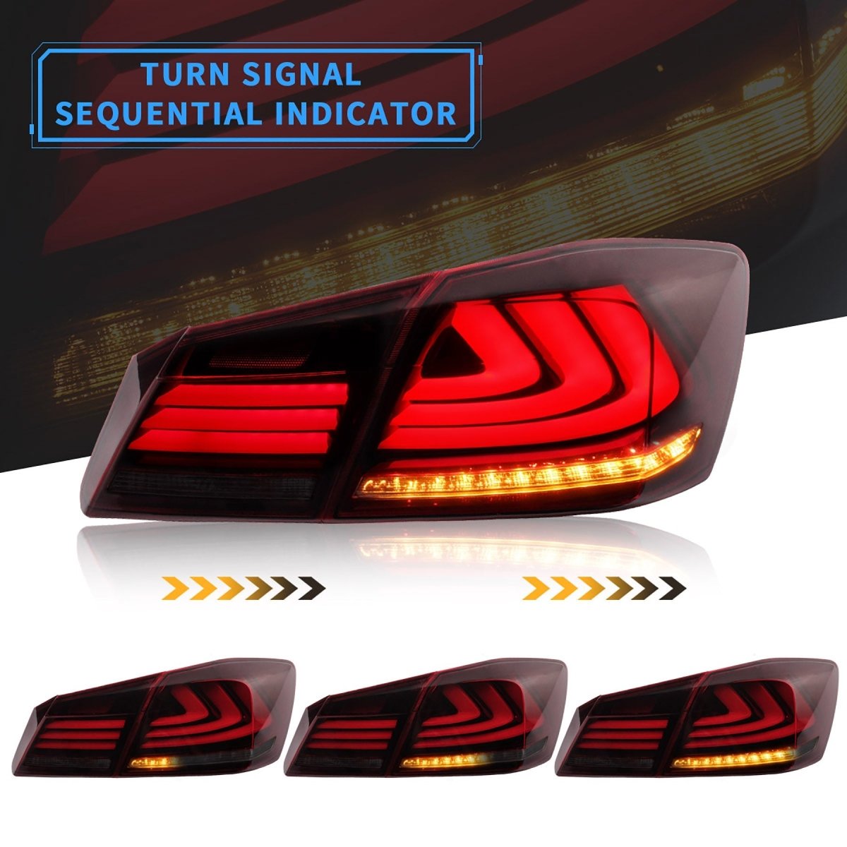 VLAND 13 - 15 Accord Full LED Sequential Tail Lights ABS PMMA GLASS Material - JDMuscleTaillightYAB-YG-0250AHRS-P01Red Smoked