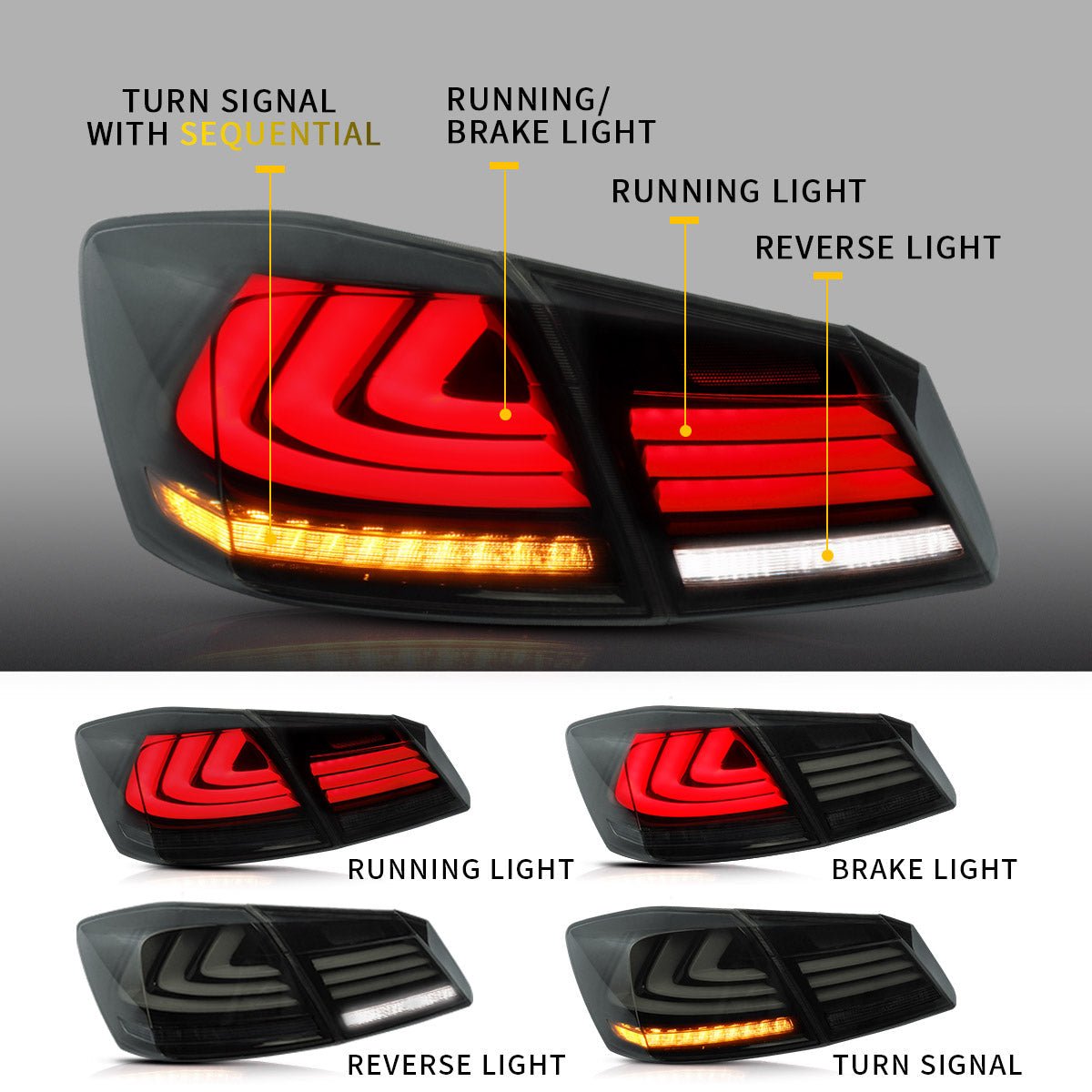 VLAND 13 - 15 Accord Full LED Sequential Tail Lights ABS PMMA GLASS Material - JDMuscleTaillightYAB-YG-0250AHRS-P01Red Smoked