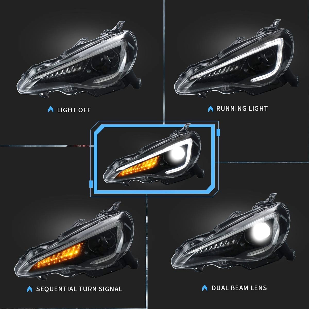 VLAND 13 - 16 FR - S / 17 - 19 Toyota 86 / 13 - 19 BRZ Dual Beam Projector Headlights and 2PCs D2H Xenon Bulbs - JDMuscleCombination SetFT86-0297+D2H-LHD-P01LHDDual Beam