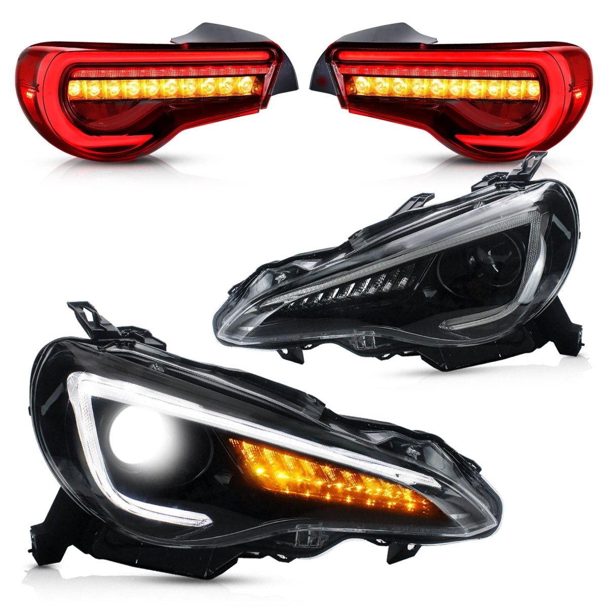 VLAND 13 - 16 FR - S / 17 - 20 Toyota 86 / 13 - 20 BRZ Set of Dual Beam Projector Headlights and Full LED Tail Lights - JDMuscleCombination Set0297LHD-0287ARC-P01LHD Headlights w/ Red Clear Tail Lights