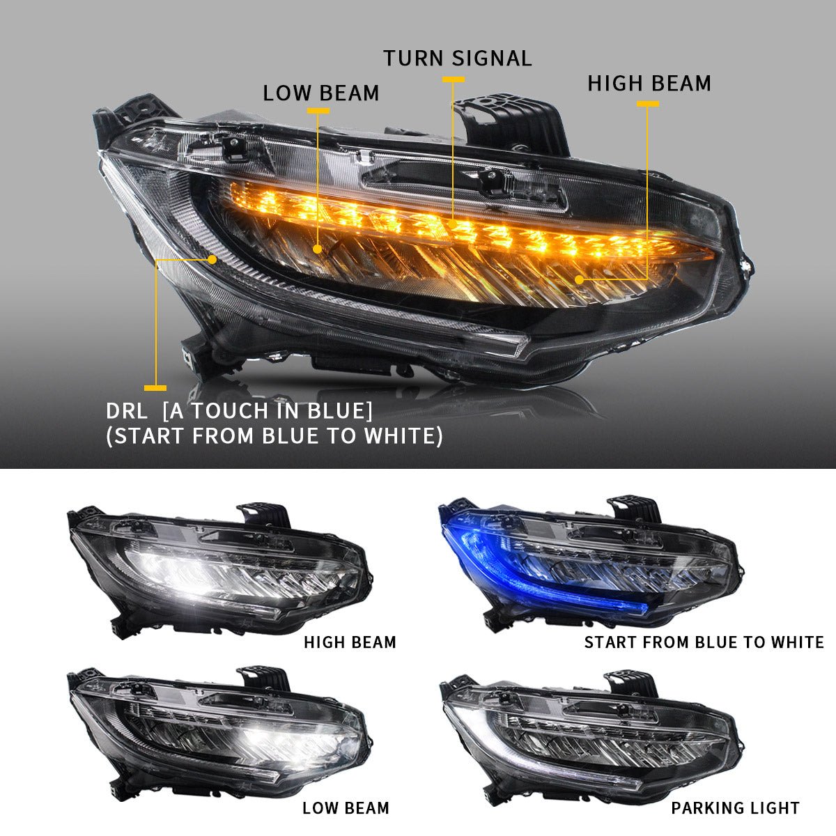 VLAND [16 - 20 Civic 10TH Gen Sedan / Coupe / Hatchback / Type R] Full LED Headlights - JDMuscleHeadlightYAA-SY-2029H-P01Full LED