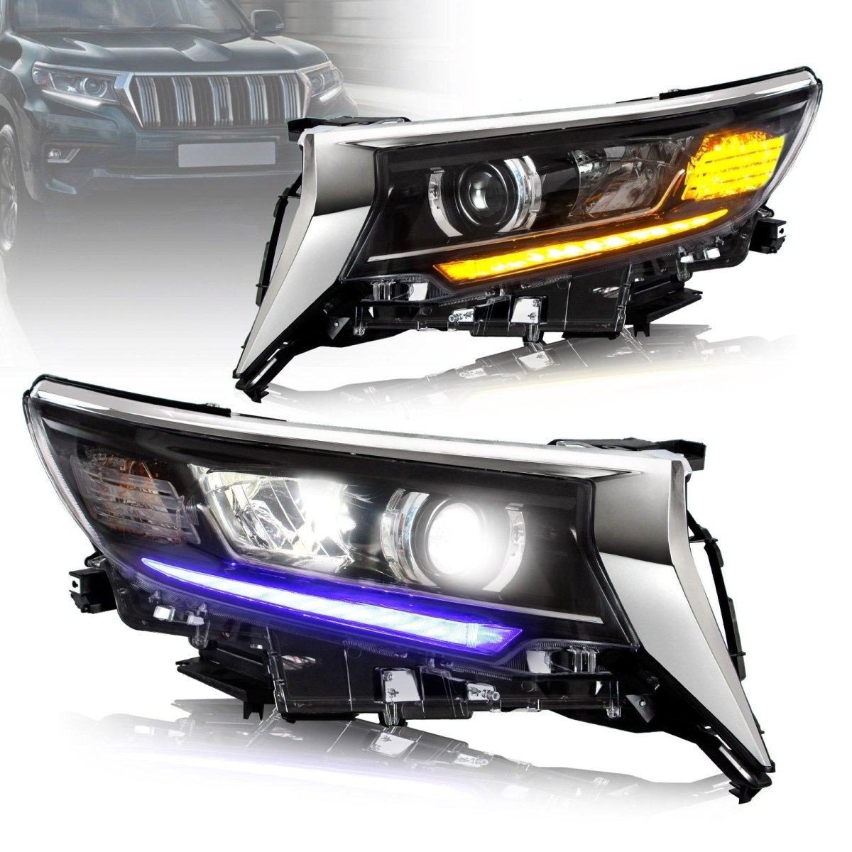 VLAND 2017 - UP Land Cruiser Prado Kakadu 5.7L LED Projector Headlights - JDMuscleHeadlightYAA-PLD-2034HLHD-ABul-P01LHDw/ Activate Lighting