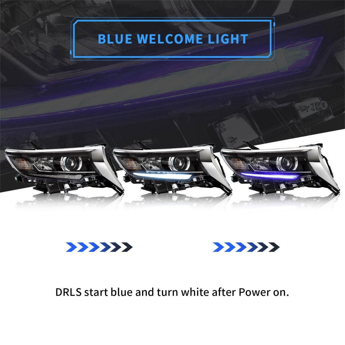VLAND 2017 - UP Land Cruiser Prado Kakadu 5.7L LED Projector Headlights - JDMuscleHeadlightYAA-PLD-2034HLHD-ABul-P01LHDw/ Activate Lighting