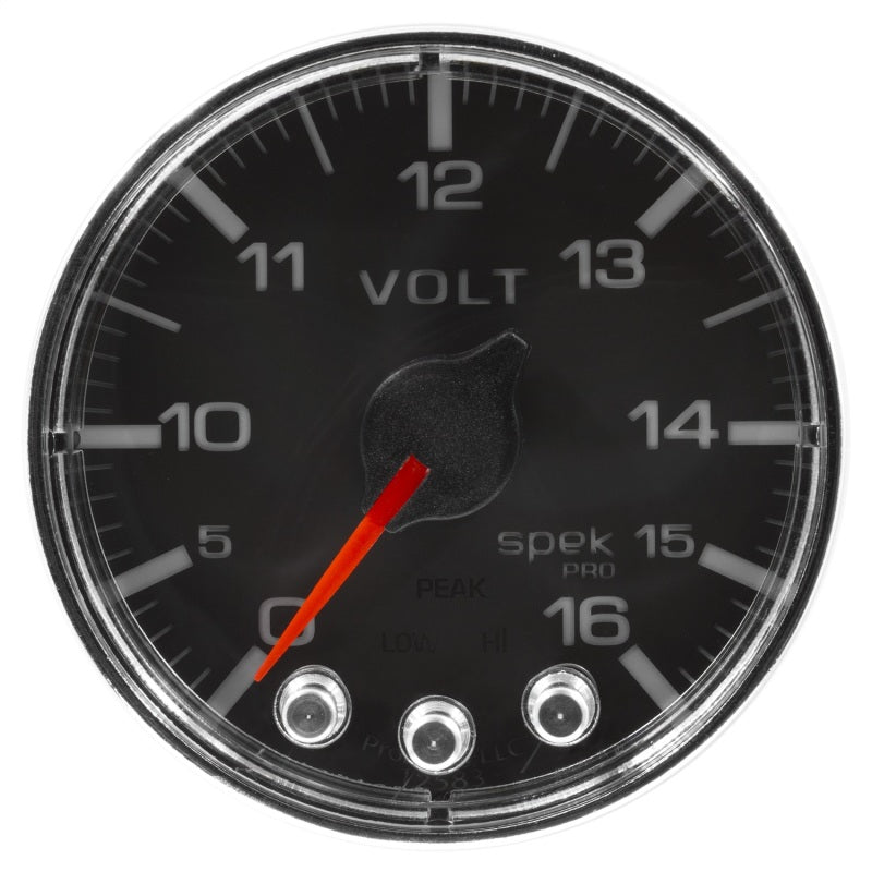 Autometer Spek-Pro Voltmeter Gauge 2 1/16in 16V Stepper Motor W/Peak & Warn Black / Chrome Universal | P344318