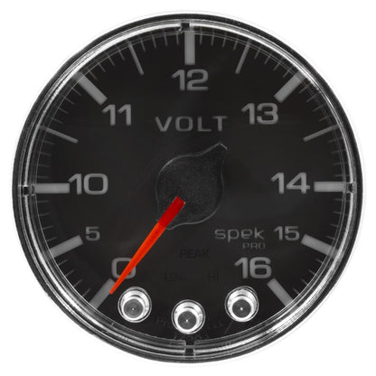 Autometer Spek-Pro Voltmeter Gauge 2 1/16in 16V Stepper Motor W/Peak & Warn Black / Chrome Universal | P344318