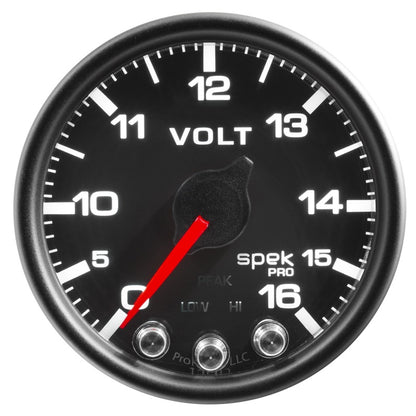 Autometer Spek-Pro Voltmeter Gauge 2 1/16in 16V Stepper Motor W/Peak & Warn Black / Black Universal | P34432