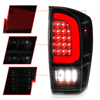 ANZO LED Tail Lights w/ Light Bar Sequential Black Housing & Smoke Lens Toyota Tacoma 2016-2020 | 311401