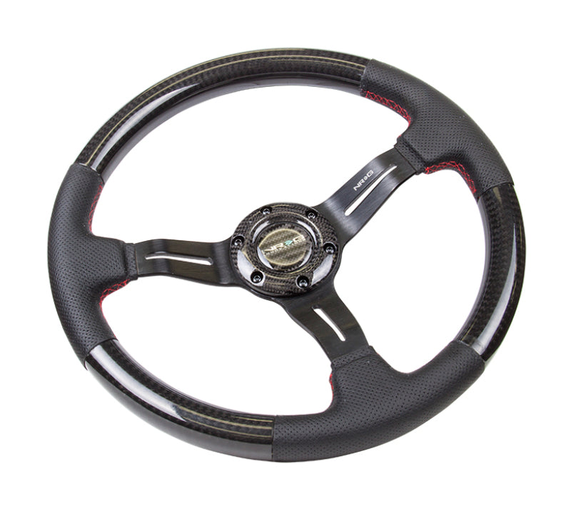 NRG Carbon Fiber Steering Wheel | 350mm /1.5in. Deep Leather Trim w/Red Stitch & Slit Cutout Spokes