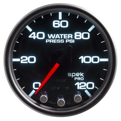 Autometer Spek-Pro Gauge Water Pressure 2 1/16in 120psi Stepper Motor W/Peak & Warn Black / Smoke / Black Universal | P34552