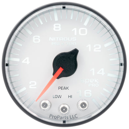 Autometer Spek-Pro 2 1/16in 1600PSI Stepper Motor w/ Peak & Warn White/Black Nitrous Pressure Gauge Universal | P320128