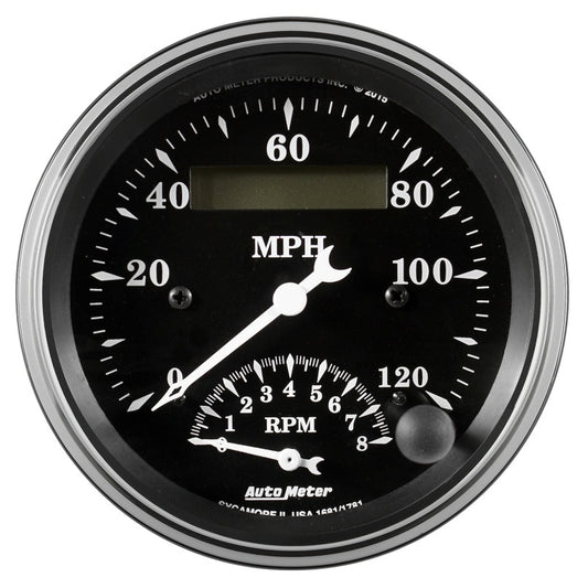 Auto Meter Gauge Tach/Speedo 3 3/8in 120mph & 8k RPM Elec. Program. Old Tyme Black Universal | 1781