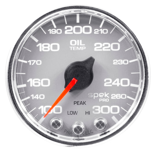 Autometer Spek-Pro Gauge Oil Temperature 2 1/16in 300f Stepper Motor W/Peak & Warn Silver / Chrome Universal | P32221