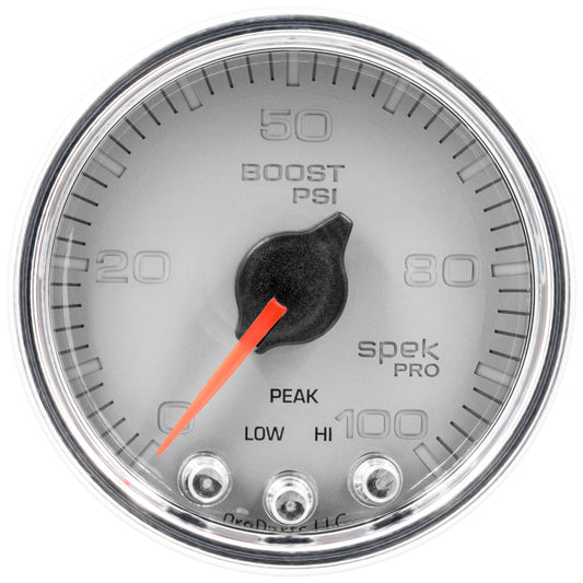 Autometer Spek-Pro Gauge Boost 2 1/16in 100psi Stepper Motor W/Peak & Warn Silver / Chrm Universal | P30521