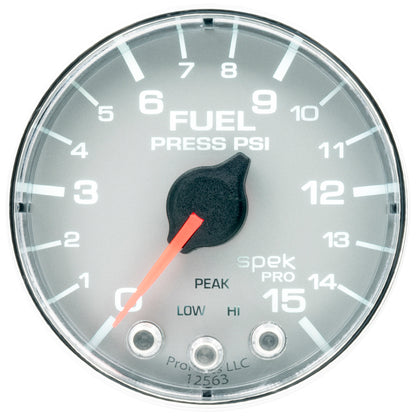 Autometer Spek-Pro Fuel Pressure Gauge 2 1/16in 15psi Stepper Motor W/Peak & Warn Silver / Chrome Universal | P315218