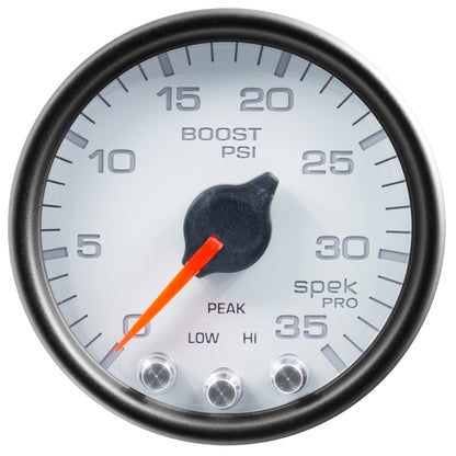 Autometer Spek-Pro Gauge Boost 2 1/16in 35psi Stepper Motor W/Peak & Warn White / Black Universal | P30312