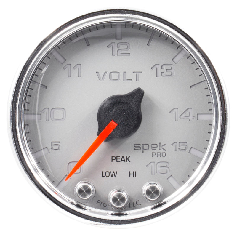 Autometer Spek-Pro Gauge Voltmeter 2 1/16in 16V Stepper Motor W/Peak & Warn Silver / Chrm Universal | P34421