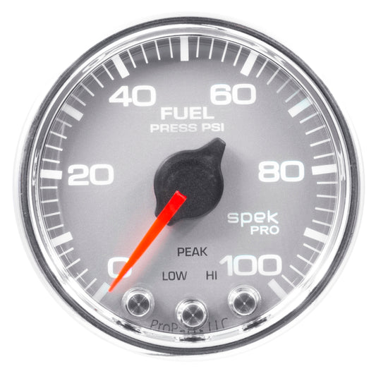 Autometer Spek-Pro Gauge Fuel Press 2 1/16in 100psi Stepper Motor W/Peak & Warn Silver / Chrm Universal P31421