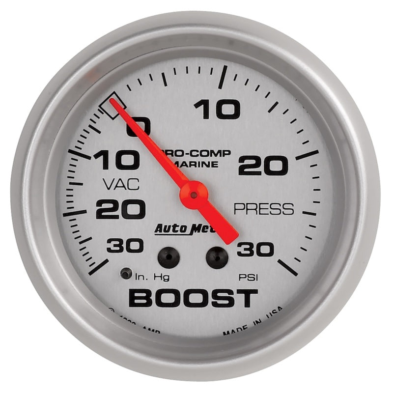 AutoMeter Marine Vac/Boost Gauge 2 5/8in 30INHG 30PSI Mechanical Silver Universal | 200775-33