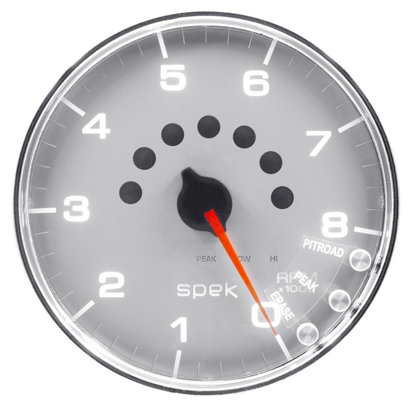 Autometer Spek-Pro Tachometer Gauge 5in 8K Rpm W/Shift Light & Peak Mem Silver / Chrome Universal | P23821