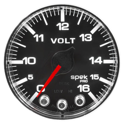 Autometer Spek-Pro Voltmeter Gauge 2 1/16in 16V Stepper Motor W/Peak & Warn Black / Chrome Universal | P344318