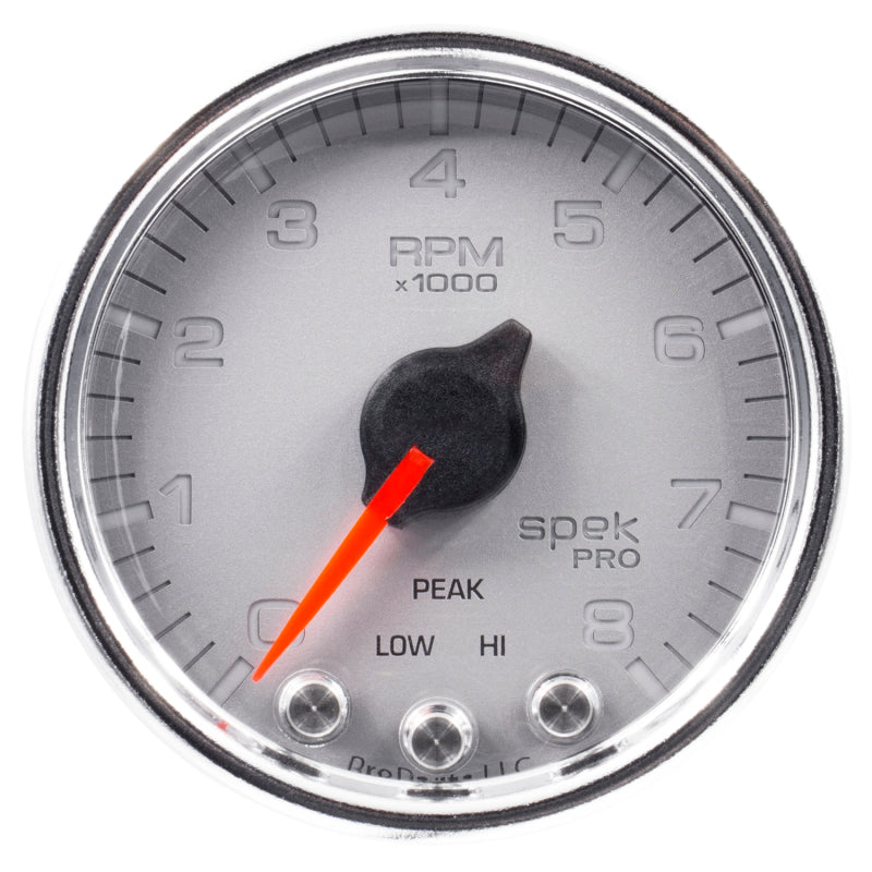 Autometer Spek-Pro Tachometer Gauge 2 1/16in 8K Rpm W/ Shift Light & Peak Mem Silver / Chrome Universal | P33421