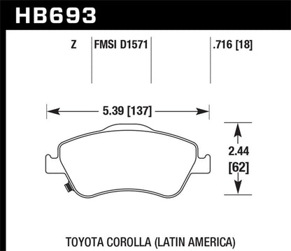 Hawk 07-11 Corolla (Latin America Models) Performance Ceramic Street Front Brake Pads | HB693Z.716