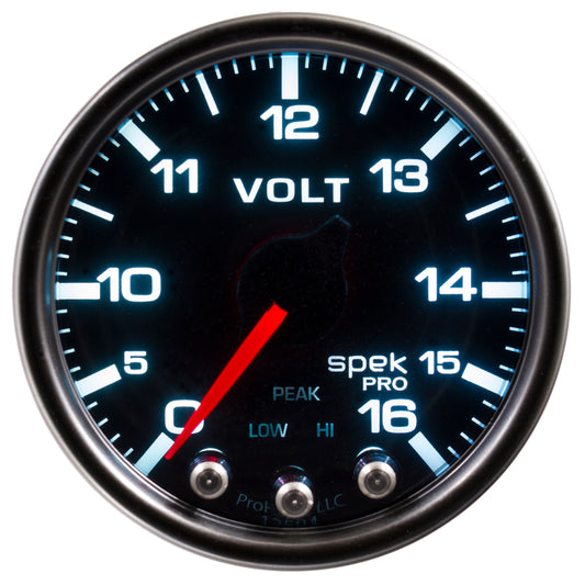 Autometer Spek-Pro Voltmeter Gauge 2 1/16in 16V Stepper Motor W/Peak & Warn Black / Smoke / Black Universal | P34452