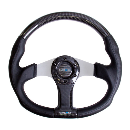 NRG Carbon Fiber Steering Wheel (350mm) Silver Oval Shape w/Leather Trim