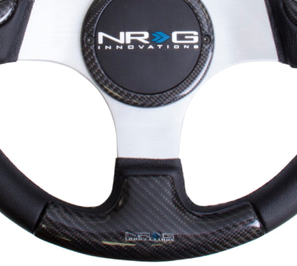 NRG Carbon Fiber Steering Wheel (350mm) Silver Frame Blk Stitching w/Rubber Cover Horn Button