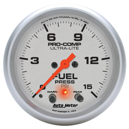 Autometer Ultra-Lite 66.7mm Full Sweep Elec 0-15 PSI Fuel Pressure w/ Peak Memory & Warning Gauge Universal | 4470