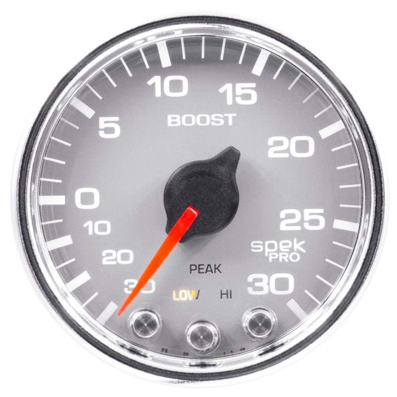 Autometer Spek-Pro Vaccom/Boost Gauge 2 1/16in 30Inhg-30psi Stepper Motor W/Peak & Warn Silver/Chrome Universal | P30221