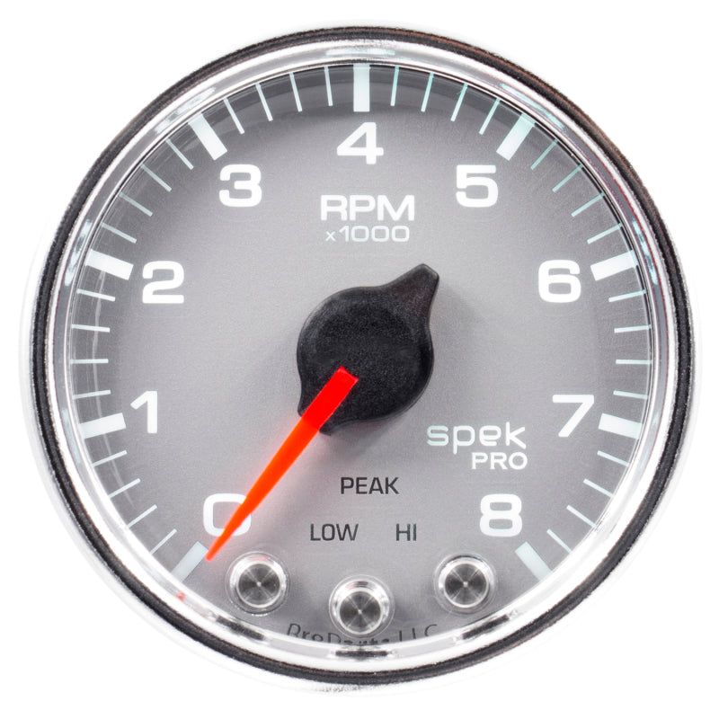 Autometer Spek-Pro Tachometer Gauge 2 1/16in 8K Rpm W/ Shift Light & Peak Mem Silver / Chrome Universal | P33421