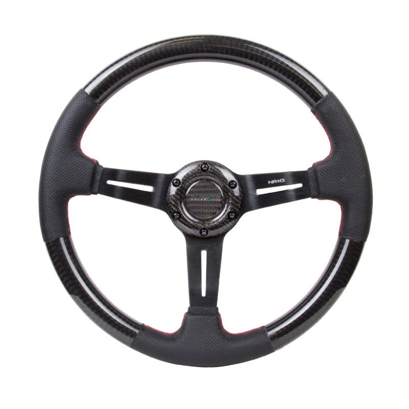NRG Carbon Fiber Steering Wheel (350mm /1.5in. Deep) Leather Trim w/Red Stitch & Slit Cutout Spokes