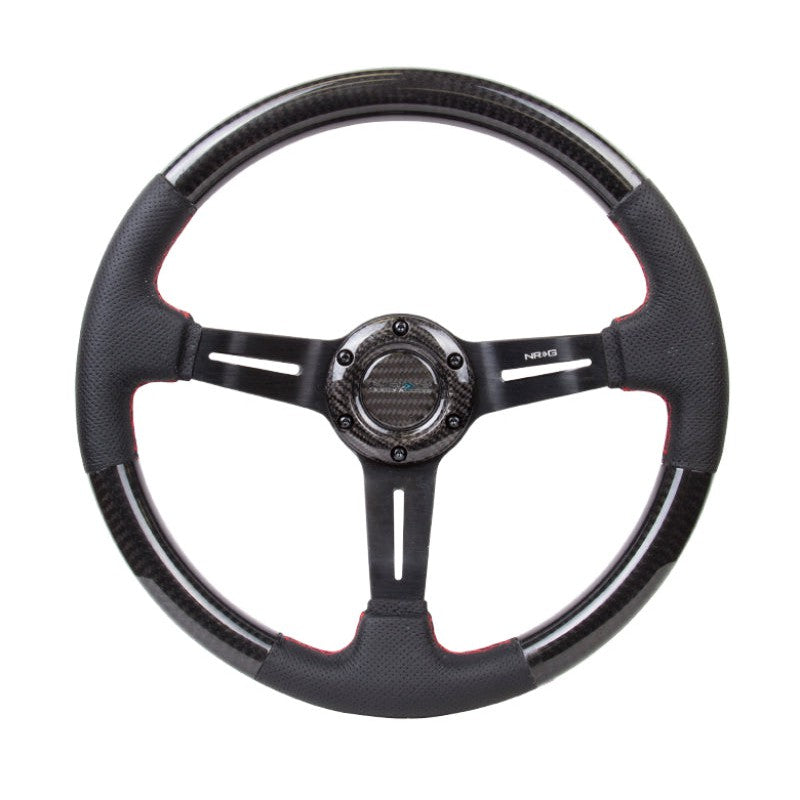 NRG Carbon Fiber Steering Wheel | 350mm /1.5in. Deep Leather Trim w/Red Stitch & Slit Cutout Spokes