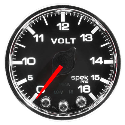 Autometer Spek-Pro Voltmeter Gauge 2 1/16in 16V Stepper Motor W/Peak & Warn Black / Chrome Universal | P34431