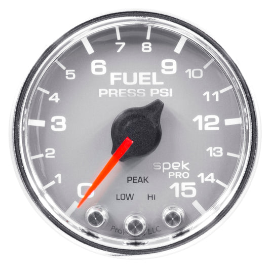 Autometer Spek-Pro Fuel Pressure Gauge 2 1/16in 15psi Stepper Motor W/Peak & Warn Silver / Chrome Universal | P31521