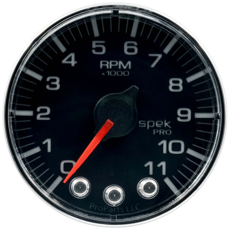 Autometer Spek-Pro Tachometer Gauge 2 1/16in 11K Rpm W/ Shift Light & Peak Mem Black / Chrome Universal | P336318