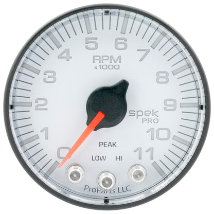 Autometer Spek-Pro Tachometer Gauge 2 1/16in 11K Rpm W/ Shift Light & Peak Mem White / Black Universal | P336128