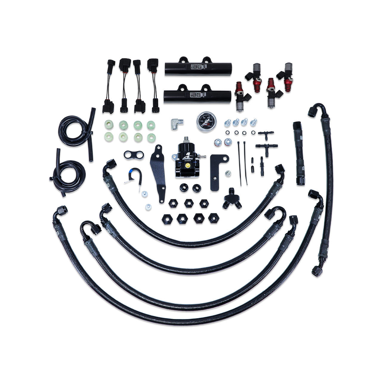 IAG 08-14 WRX, 08-21 STI PTFE Fuel System Kit w/ ID Injectors, Aeromotive FPR, IAG Fuel Rails | IAG-AFD-2312BK