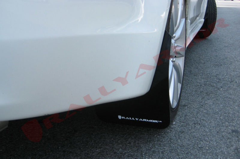 Rally Armor UR Black Mud Flap w/ White Logo Mitsubishi Lancer 2007-2017 | MF8-UR-BLK/WH