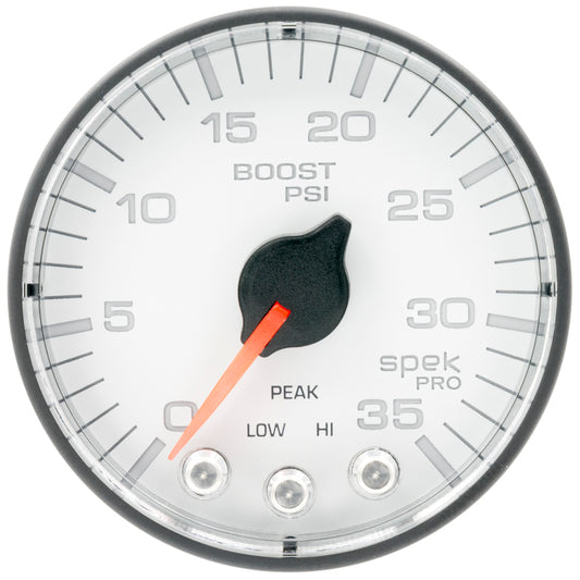 Autometer Spek-Pro 2 1/16in 35PSI Stepper Motor W/Peak & Warn White/Black Boost Gauge Universal | P303128