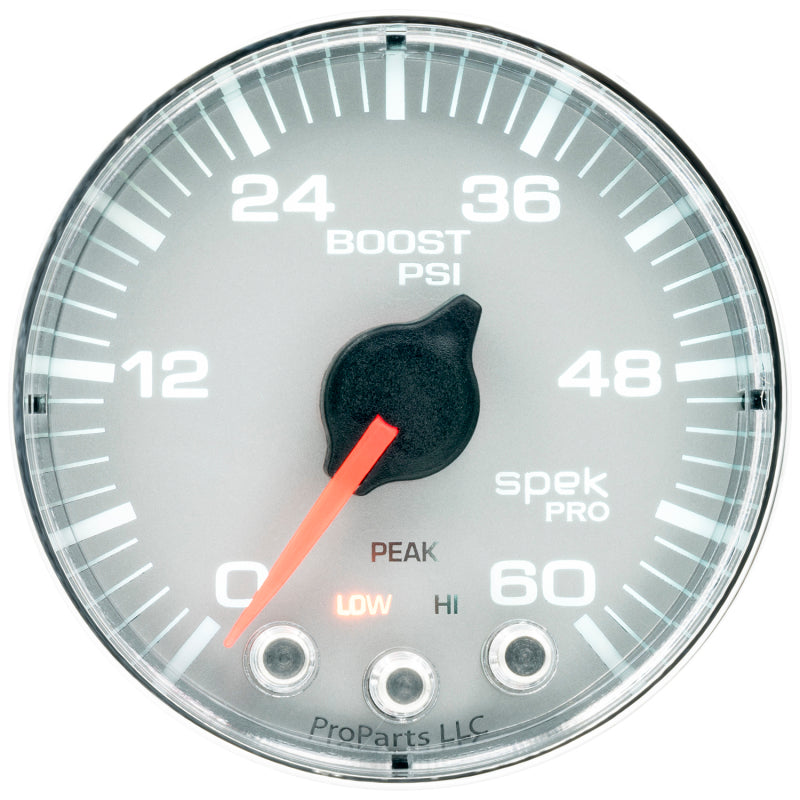 Autometer Spek-Pro Gauge Boost 2 1/16in 60psi Stepper Motor W/Peak & Warn Silver / Chrm Universal | P304218