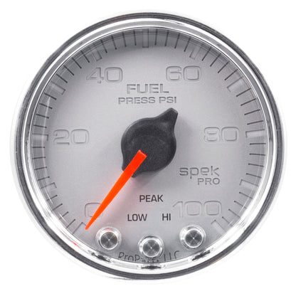 Autometer Spek-Pro Gauge Fuel Press 2 1/16in 100psi Stepper Motor W/Peak & Warn Silver / Chrm Universal P31421