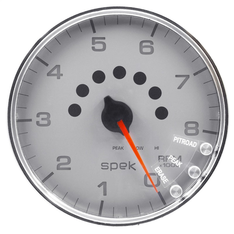 Autometer Spek-Pro Tachometer Gauge 5in 8K Rpm W/Shift Light & Peak Mem Silver / Chrome Universal | P23821